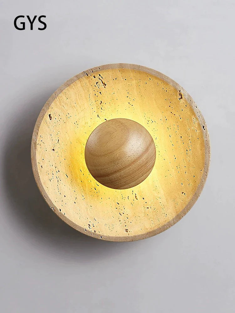 Afralia™ Stone Round Wall Lamp in Japanese Style Cream Color Wood