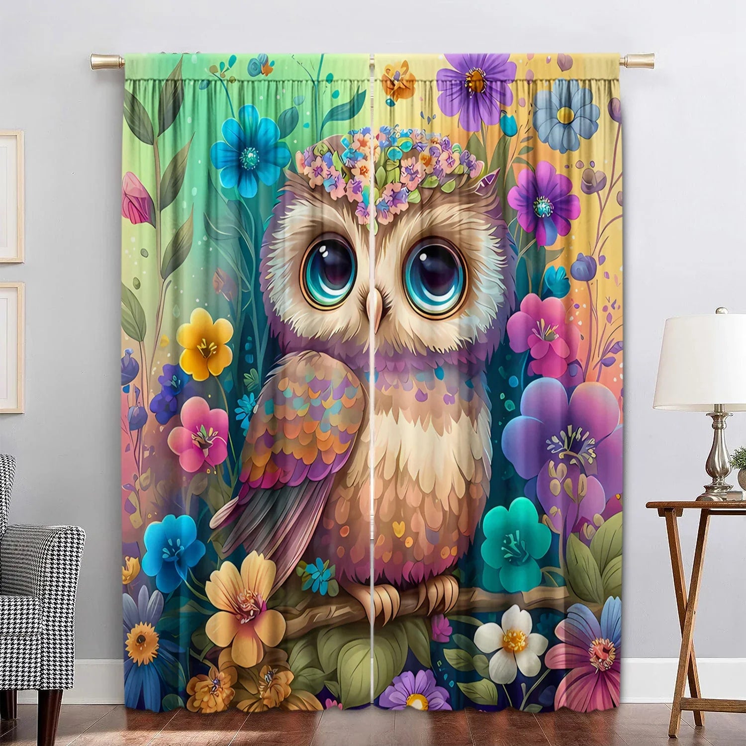 Afralia™ Black Cat Color Owl Modern Printed Curtain Set