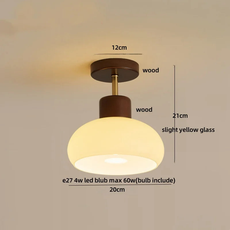 Afralia™ Pale Yellow Glass Wood LED Ceiling Lights Flush Mounted Round Nordic Modern
