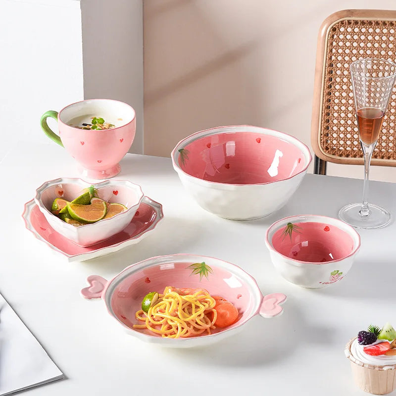 Afralia™ Strawberry Love Ceramic Tableware Set: Hand-Painted Pink Rice Soup Bowl & Plate