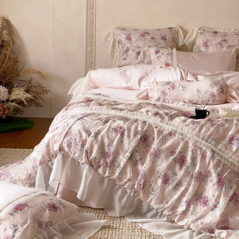 Afralia™ Floral Lace Princess Wedding Bedding Set in Egyptian Cotton