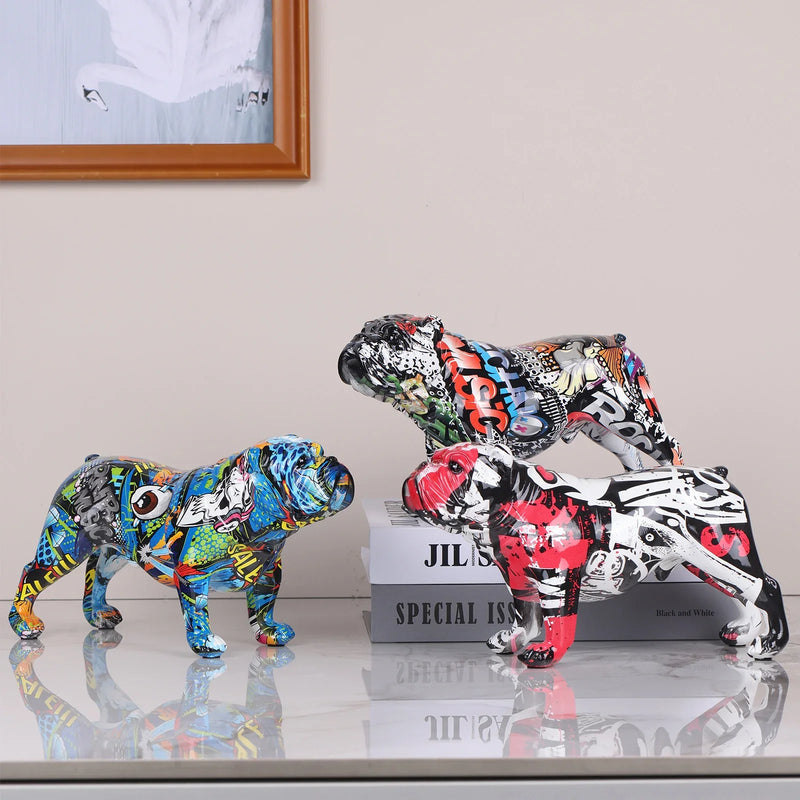 Afralia™ Bulldog Figurines: Colorful Modern Graffiti Art Home Decor & Ornaments, Ideal for Room Display