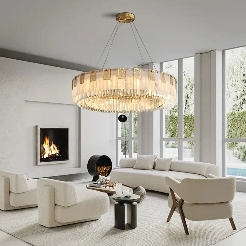 Afralia™ Classic Marble Crystal Chandelier: Luxury Brass Alabaster Light Fixture for Elegant Décor