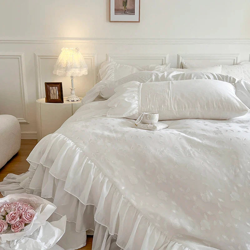 Afralia™ Floral Embroidery Ruffles Girl Bedding Set - 4 Piece Cotton Lace Patchwork