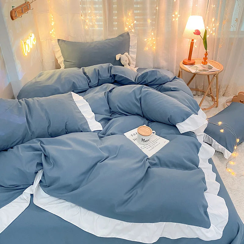 Afralia™ Pure Cotton Ruffle Edge Bedding Set in Solid Color, All Seasons, Single Queen Bed