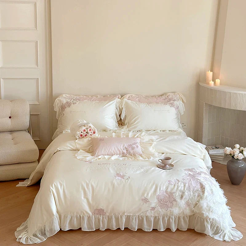 Afralia™ Luxury Princess Wedding Bedding Set with Flowers Embroidery & Lace Ruffles
