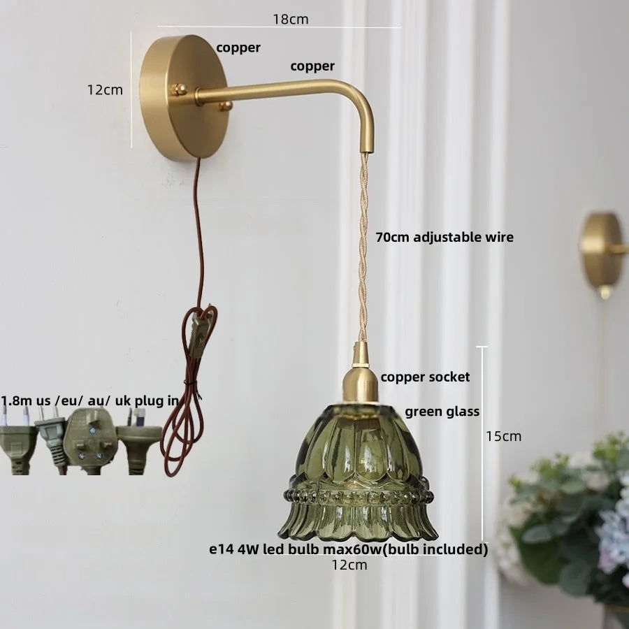 Afralia™ Amber Glass LED Wall Light with Pull Chain Switch, Modern Nordic Flower Wall Sconce