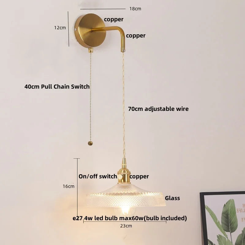 Afralia™ Copper LED Glass Wall Sconce with Pull Chain Switch for Living Dining Room