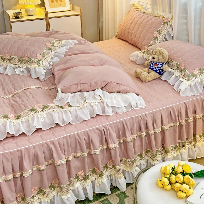Afralia™ Korean Princess Bedding Set: Flowers, Lace, Ruffles, Embroidery, Quilted, Duvet Cover, Bedspread