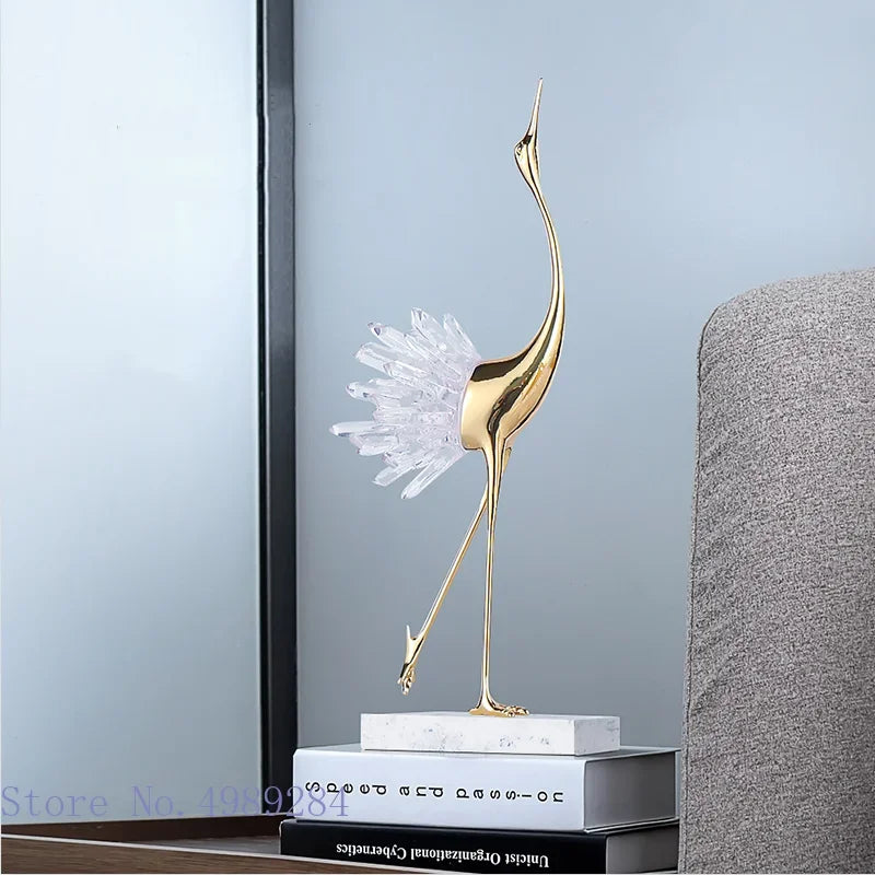 Afralia™ Crane Golden Bird Agate Marble Crystal Home Decor Craft Statue