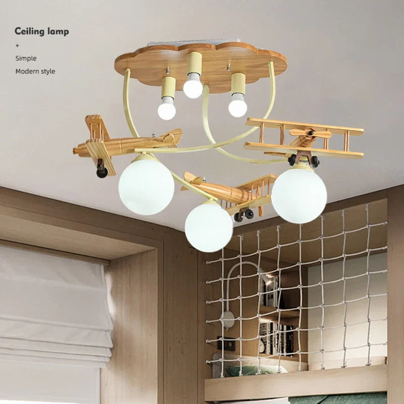 Afralia™ Wooden Plane Nursery Ceiling Light for Kids Room LED Chandelier