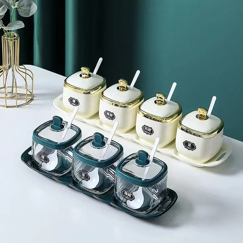 Afralia™ Seasoning Jar Set with Spoon, Shaker, and Sauce Bowl - Kitchen Spice Rack Organizers