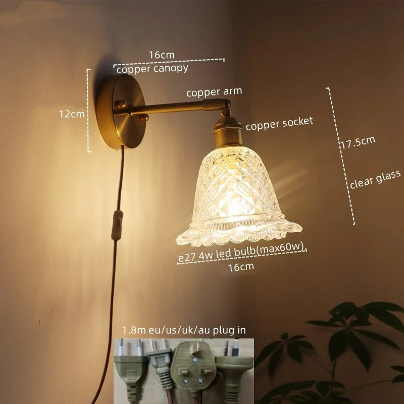 Afralia™ Vintage Copper Glass LED Wall Light with Pull Chain Switch for Dining Room Bedroom