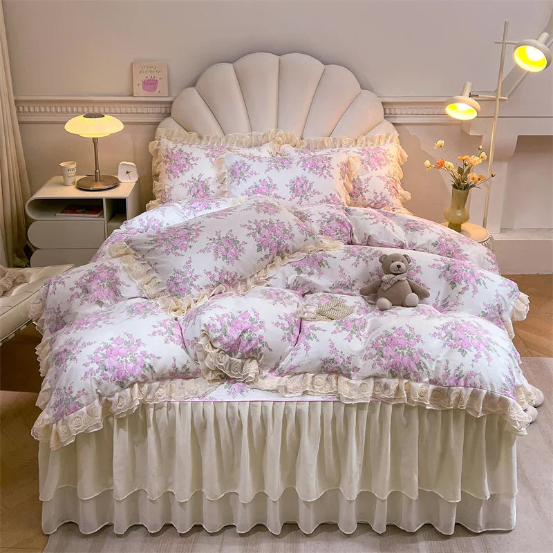 Afralia™ Princess Lace Ruffles Floral Bedding Set with Duvet Cover and Bed Skirt
