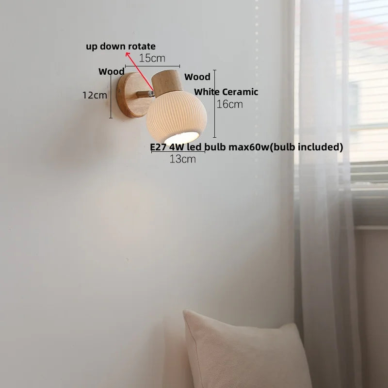 Afralia™ Ceramic LED Wall Lights with Pull Chain Switch, Modern Wood Base Bedside Lamp