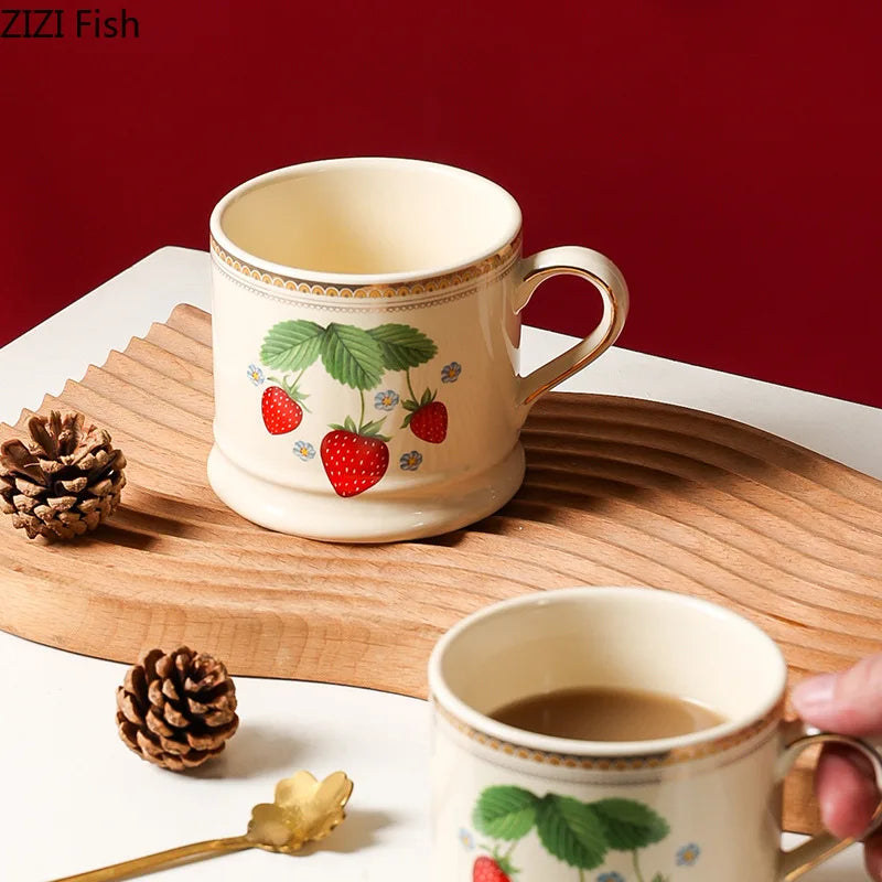 Afralia™ Strawberry Pattern Gilded Edge Porcelain Mug - Tea, Coffee, Juice Cup