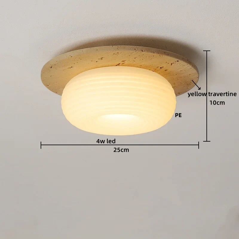 Afralia™ Wabi Sabi LED Ceiling Light Fixture Yellow Travertine White PE Round Lampshade