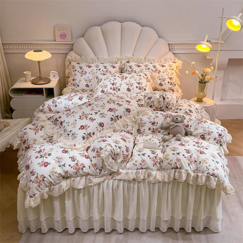 Afralia™ Princess Lace Ruffles Floral Bedding Set with Duvet Cover and Bed Skirt