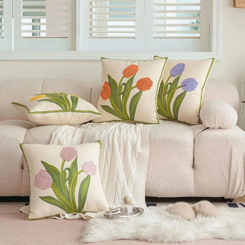 Afralia™ Pink Flower Embroidery Decorative Pillow Cover for Home Sofa Decor