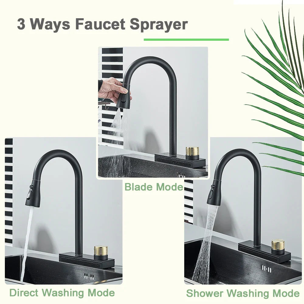Afralia™ Black Rainwater Kitchen Faucet Flexible Pull Out 3 Way Nozzle Mixer Tap