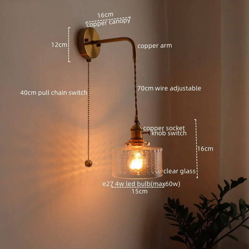Afralia™ Vintage Green Glass Copper LED Wall Lights Pull Chain Switch Hallway Bedroom Balcony Wall Lamp