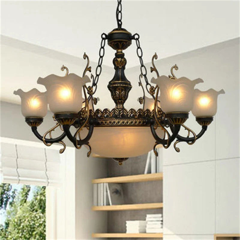 Afralia™ Vintage Iron Chandelier with Glass Lampshade Lighting Fixture