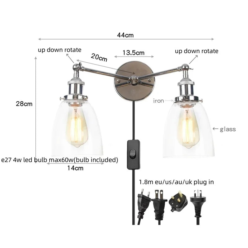 Afralia™ Retro LED Wall Light with Pull Chain Switch, 2 Heads Sconce for Living Room