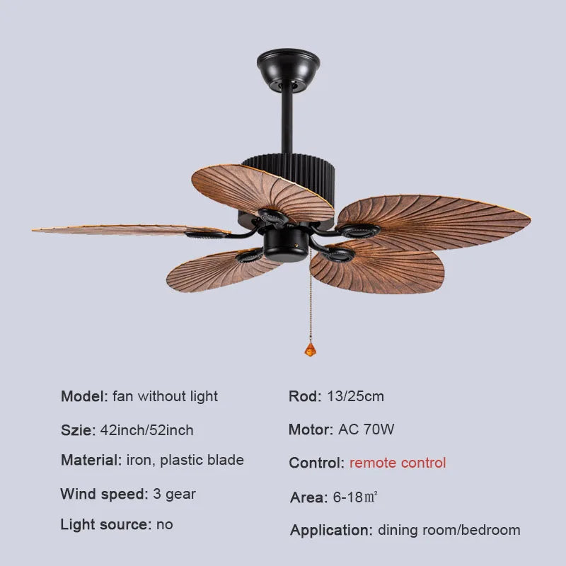 Afralia™ Retro Palm Leaf Ceiling Fan with Strong Power and Pendant Light