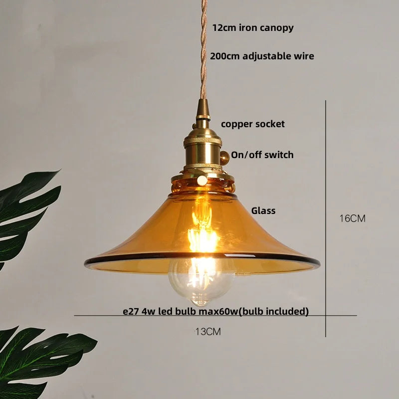 Afralia™ Amber Glass Adjustable LED Pendant Light Fixture, Vintage E27 Copper Hanging Lamp