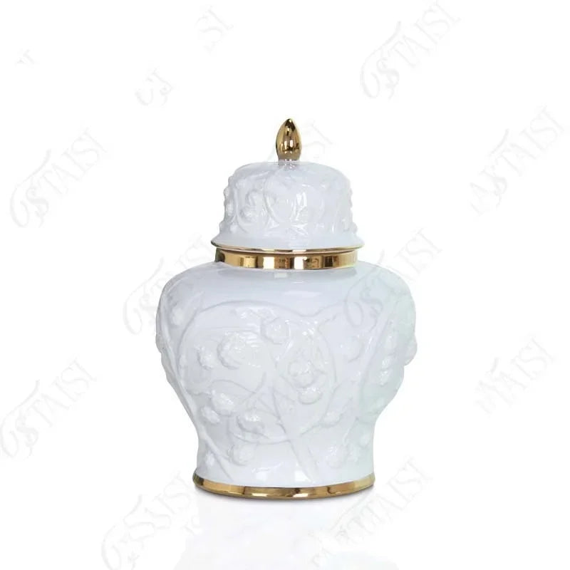 Afralia™ Embossed Flower Ceramic Ginger Jar Vase - Home Decor Storage Tank
