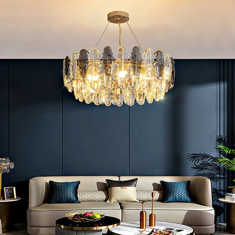 Afralia™ Gold Leaf Crystal Chandelier: Modern LED Dining Room Ceiling Light