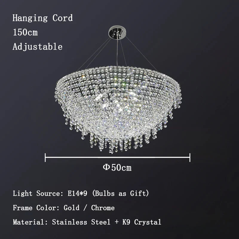 Afralia™ Chrome K9 Crystal Chandelier, Round LED Dining Room Ceiling Light