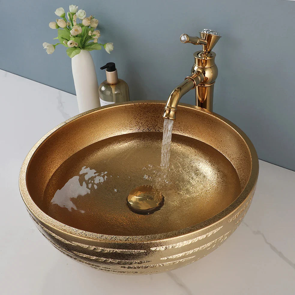 Afralia™ Golden Ceramic Bathroom Basin Set with Gold Faucet and Mixer Taps