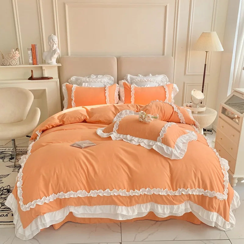 Afralia™ Korean Princess Lolita Bed 4-Piece Set in Solid Washed Cotton