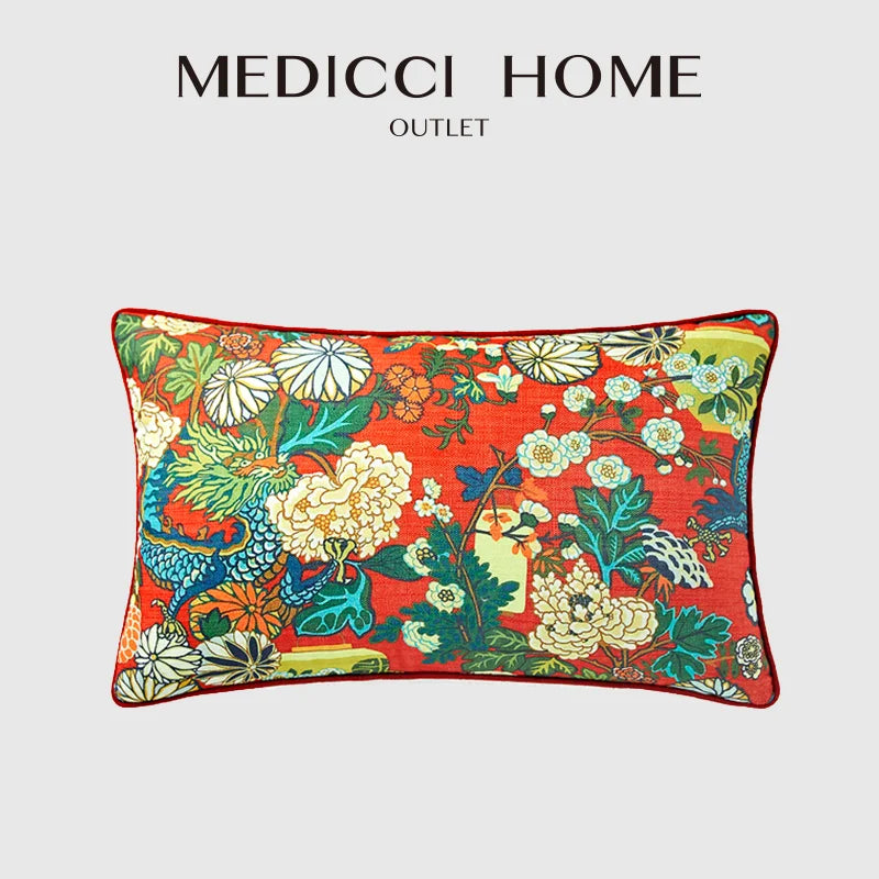 Afralia™ Persimmon Dragon Bloom Cotton Lumbar Pillow Cover - Vintage Chinese Red