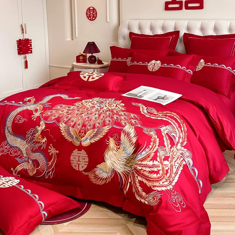 Afralia™ Red Wedding Cotton Bedding Set: King & Queen Sheet Pillowcase Duvet Cover