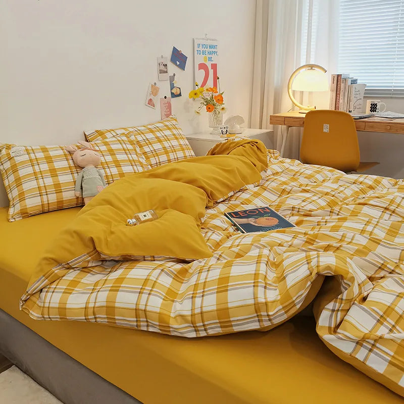 Afralia™ Striped Grid Printed Bedding Sets: Japanese Comfort for Summer