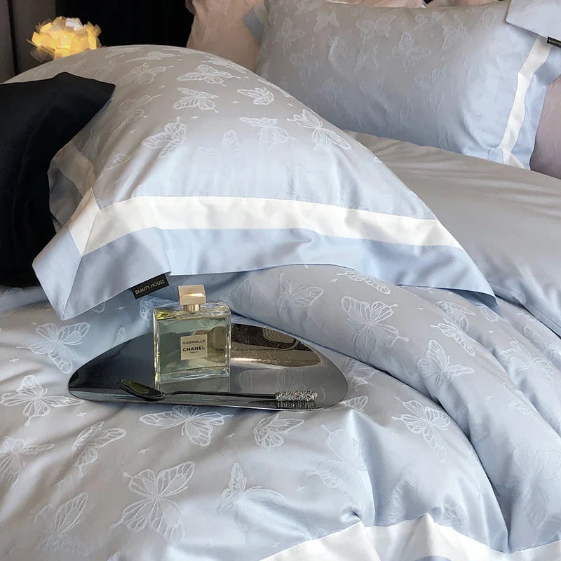 Afralia™ Butterfly Jacquard Bedding Set - 4Pcs Brushed Lyocell Cotton Duvet Cover & Sheet