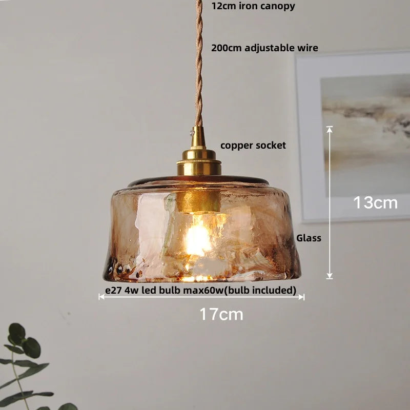 Afralia™ Amber Glass LED Pendant Light Fixture, Vintage E27 Copper Hanging Lamp