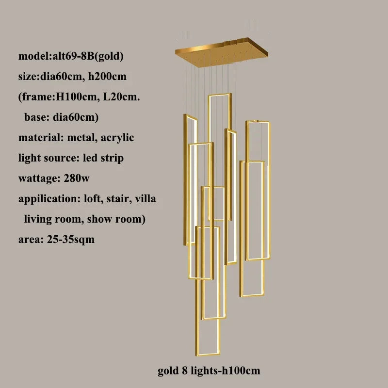 Afralia™ LED Rectangle Staircase Chandeliers Pendant Lighting Modern Living Room Decor