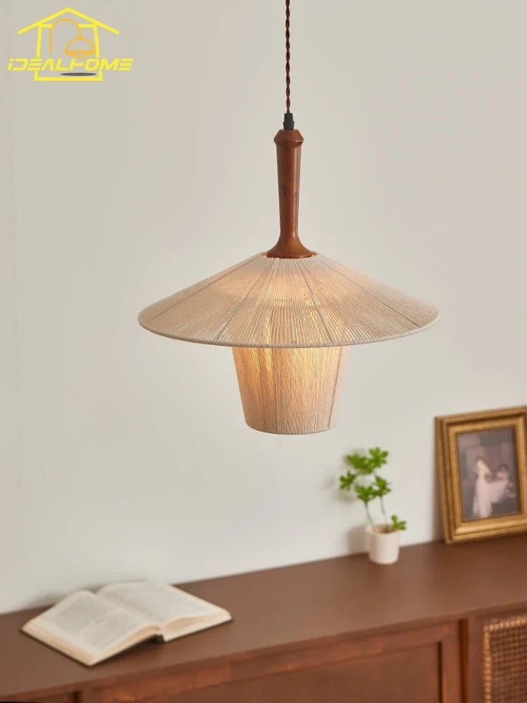 Afralia™ Wabi-sabi Cotton Thread Pendant Lights LED E27 Solid Wood Hanging Lamp Zen Decor