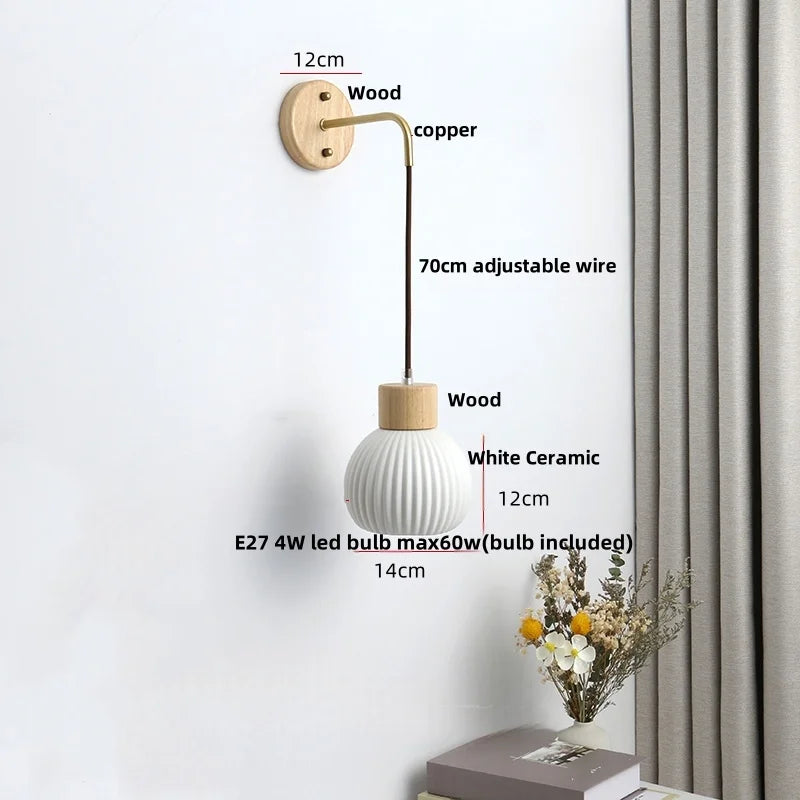 Afralia™ Nordic LED Wall Sconce Pull Chain Switch Ceramic Wood Mirror Light