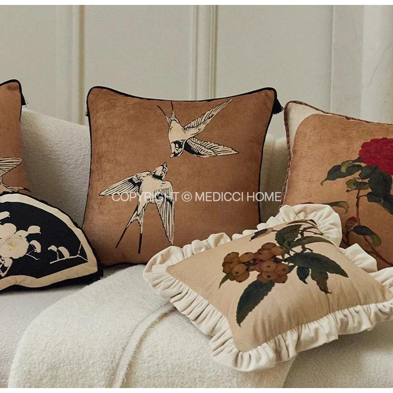 Afralia™ Swallows & Geese Retro Cushion Covers, Reversible Oriental Antique Finish Pillow Cases