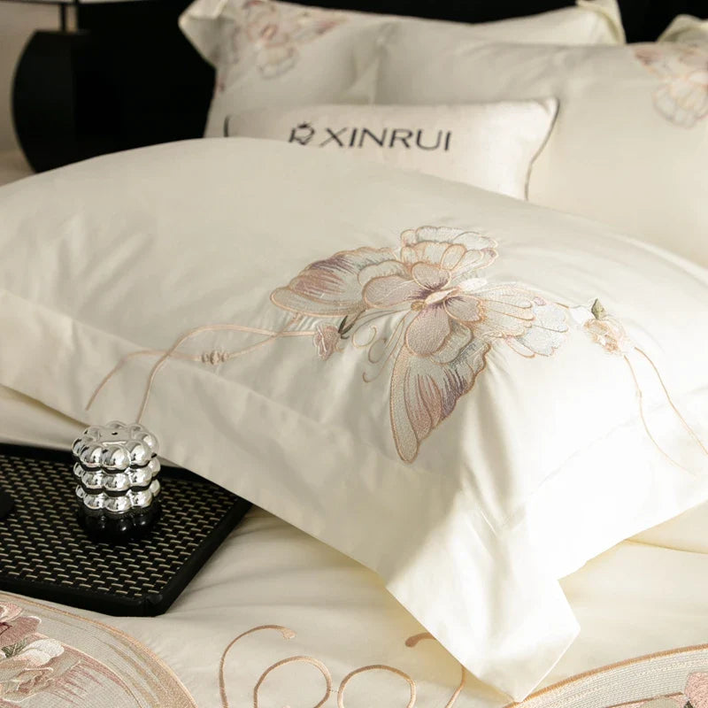 Afralia™ Luxe Butterfly Flowers Embroidery Bedding Set 800TC Egyptian Cotton Duvet Covers Sheets Pillowcases