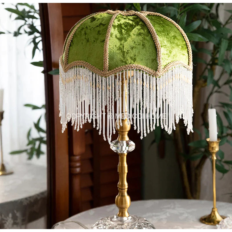 Afralia™ Green Velvet Tasseling Lampshade for Luxury Nightstand Lamp