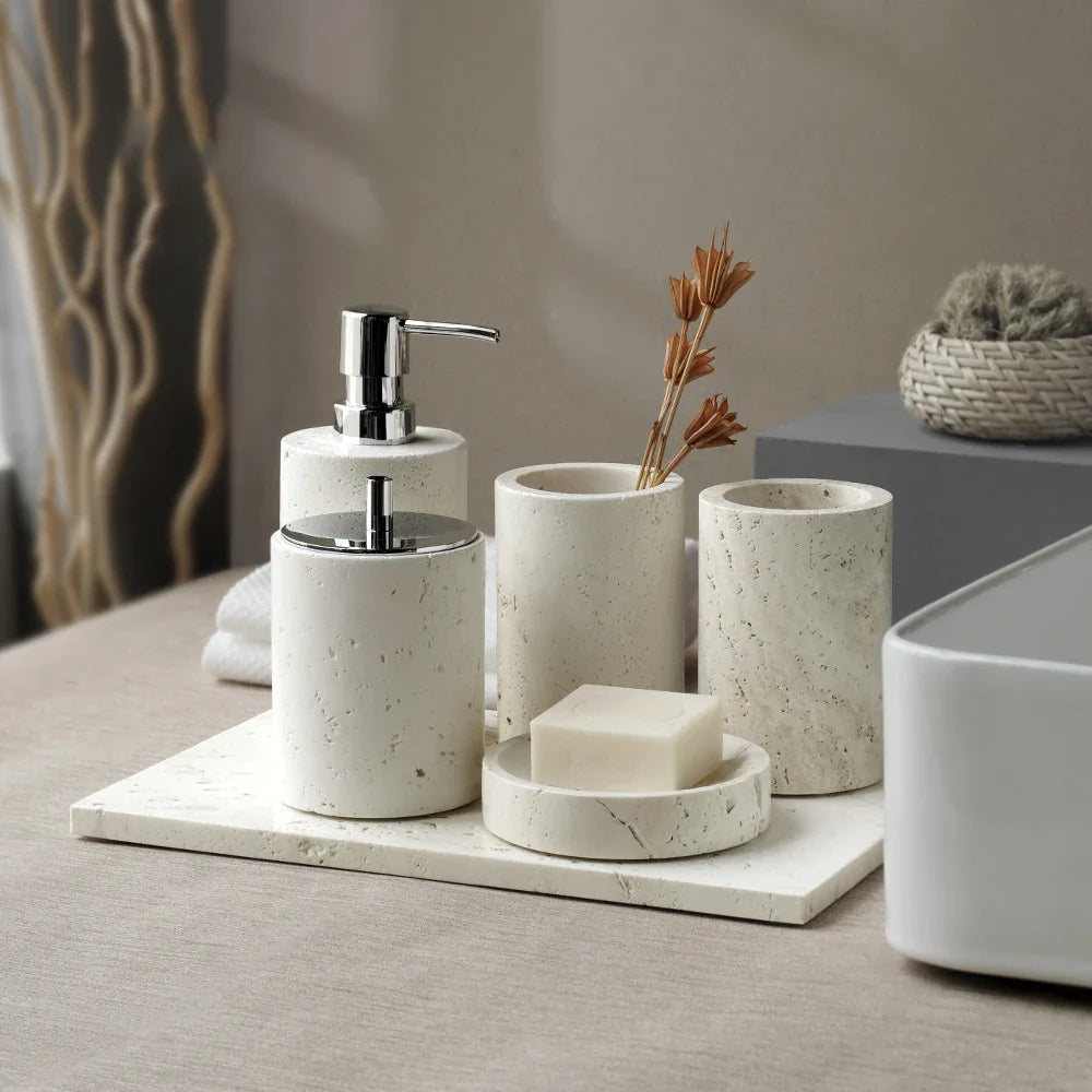 Afralia™ Beige Travertine Marble Bathroom Set - Soap Dispenser Toothbrush Holder Tissue Box
