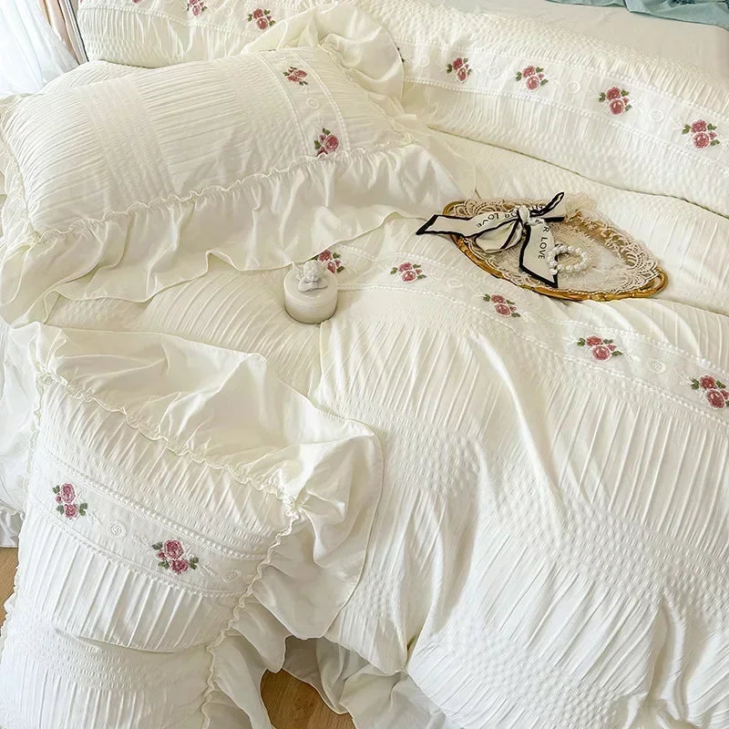 Afralia™ Romantic Lace Bubble Gauze Queen Bedding Set - Elegant Princess Style emb. Duvet Cover Set