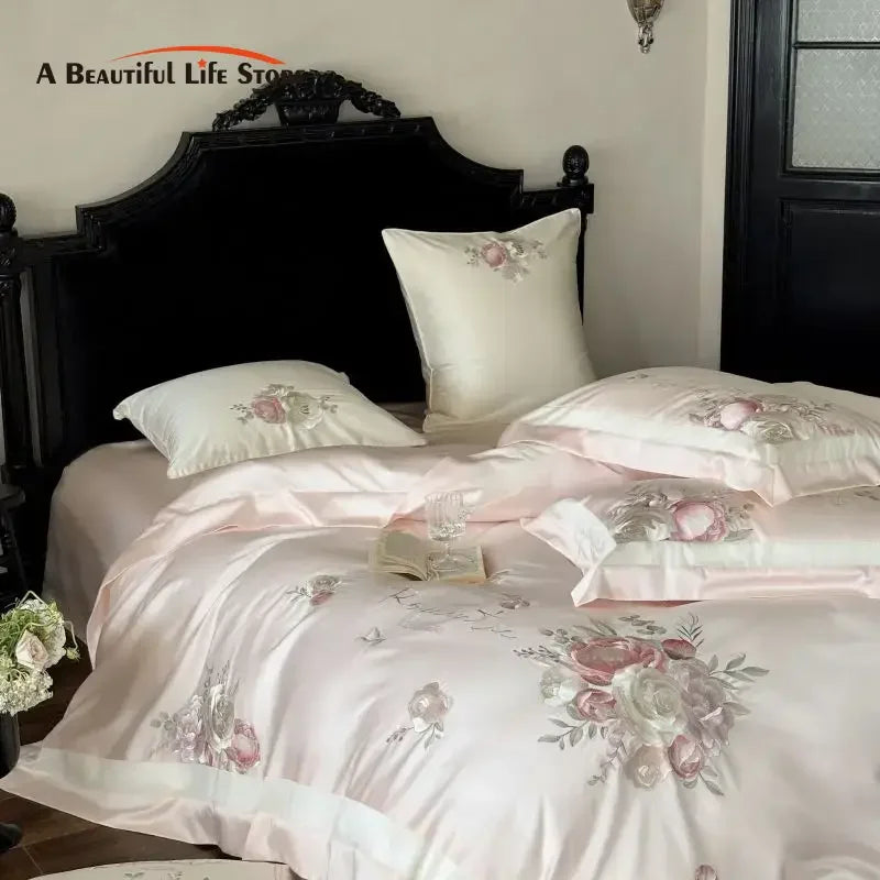 Afralia™ 4-Pc Flowers Embroidery Bedding Set 1000TC Egyptian Cotton Duvet Cover Sheets