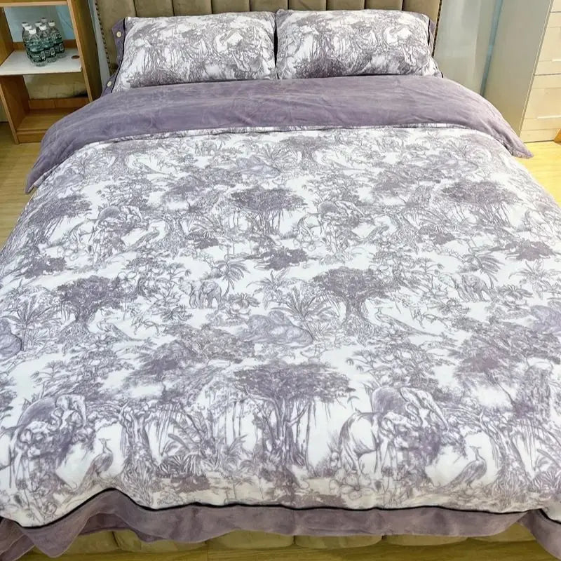Afralia™ Forest Plants Prints Velvet Bedding Set, Winter Warm, 4Pcs: Duvet Cover, Sheet, Pillowcases