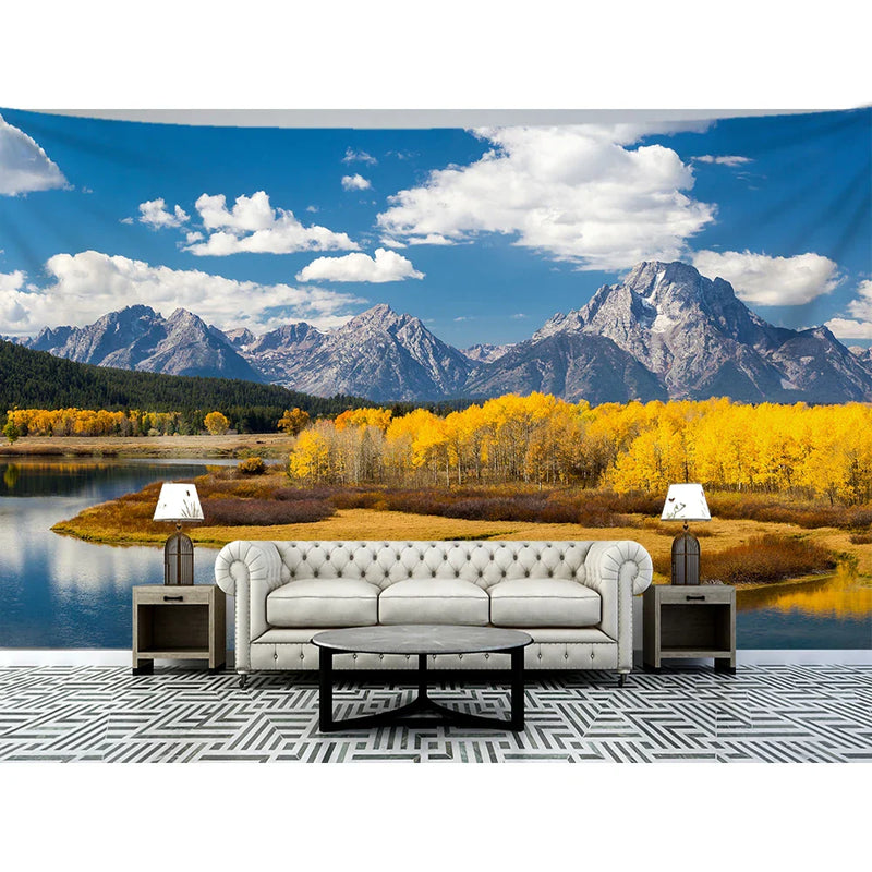 Mountain Lake Scenery Tapestry by Afralia™ - Golden Forest Wall Hanging for Home Decor